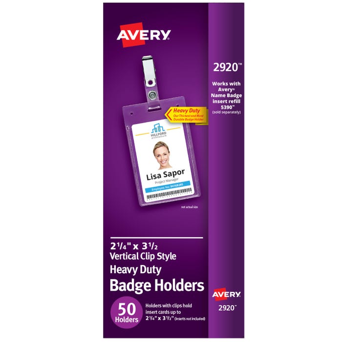 Avery Flexible Vertical ID Badge Holder with Portrait Clip Attachment, 2-1/4 in X 3-1/2 in, Polypropylene, Clear, Pack of 50