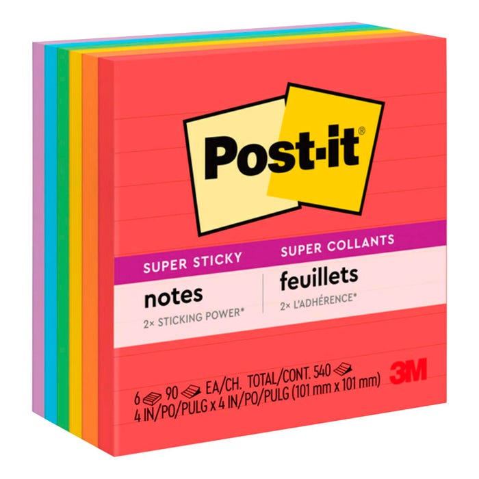 Post-it Super Sticky Notes, Lined, Playful Primaries, Pad of 90 Sheets, Pack of 6