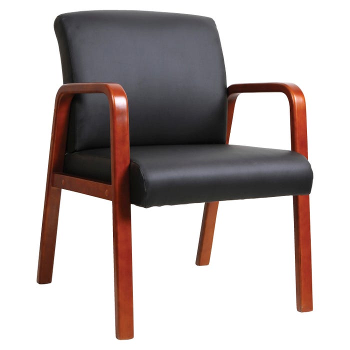 Lorell Black Leather, Cherry Wood Frame Guest Chair, 24 x 25-5/8 x 33-1/4 Inches, Black