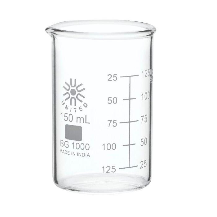 United Scientific Low Form Beakers, Borosilicate Glass, 150 Milliliters, Pack of 12