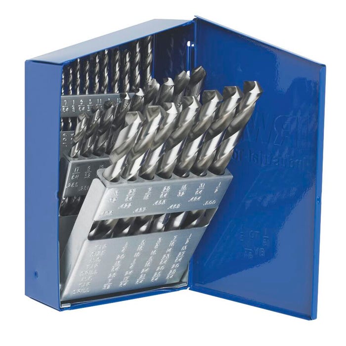Hanson Jobbers Length Straight Shank HSS Drill Bit Set - Fraction, 1/16 - 1/2 in, 3/8 in Shank, Set of 29