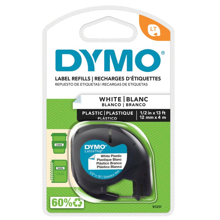 DYMO LetraTag Label Tape, 1/2 Inch x 13 Feet, Plastic, White