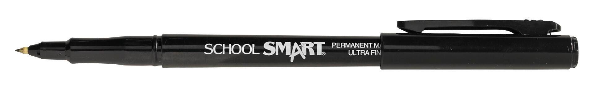 School Smart Ultra Fine Permanent Marker Pens, Quick-Drying and Water Resistant, 0.6 mm Tip, Black, Pack of 12 085032