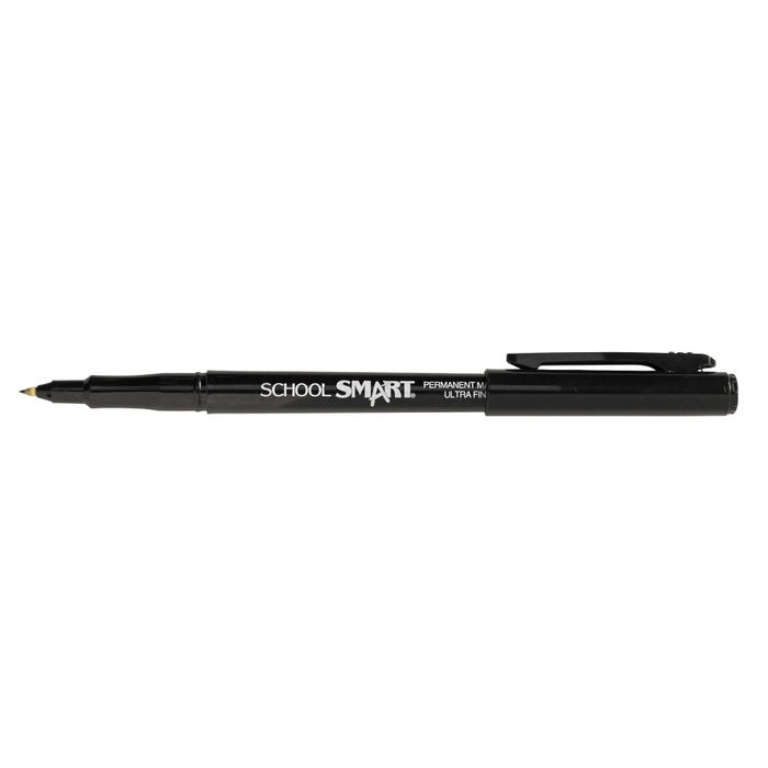 School Smart Ultra Fine Permanent Marker Pens, Quick-Drying and Water Resistant, 0.6 mm Tip, Black, Pack of 12