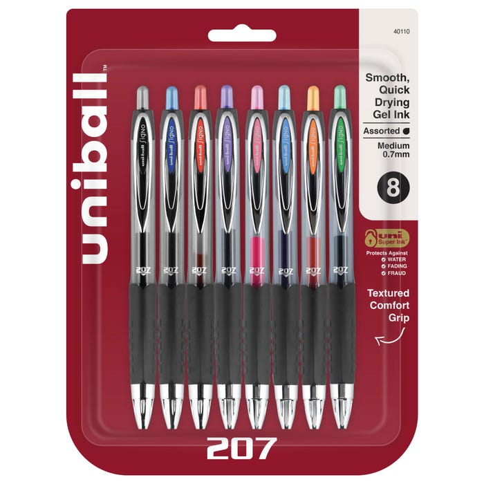 uniball 207 Retractable Gel Pens, 0.7 mm Medium Tip, Assorted Colors, Set of 8