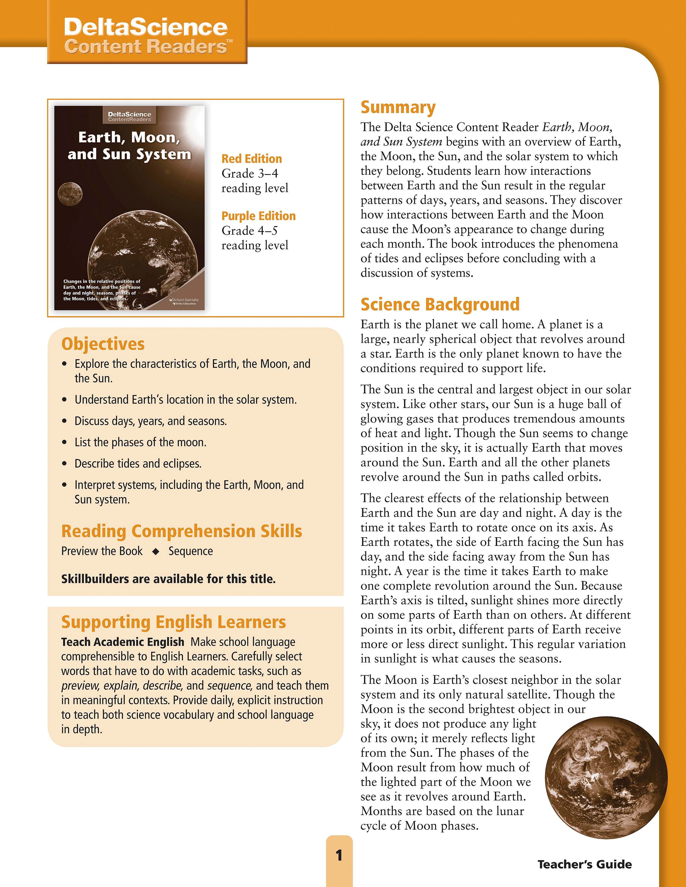 Delta Science Content Readers Earth, Moon and Sun Red and Purple Teacher's Guide, Item Number 1278156