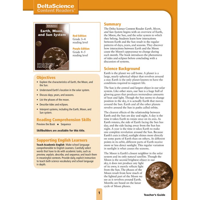 Delta Science Content Readers Earth, Moon and Sun Red and Purple Teacher's Guide