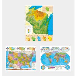 Social Studies WISCONSIN/U.S./WORLD MAP COMBO, Markable, Erasable, Grades 4-12, Item Number 1566333