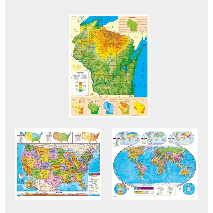 Social Studies WISCONSIN/U.S./WORLD MAP COMBO, Markable, Erasable, Grades 4-12