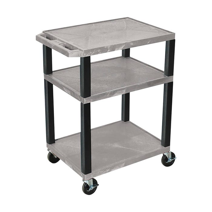 Luxor 3-Shelf Tuffy Cart With Power, Gray Shelves, Black Legs, 24 x 18 x 34 Inches