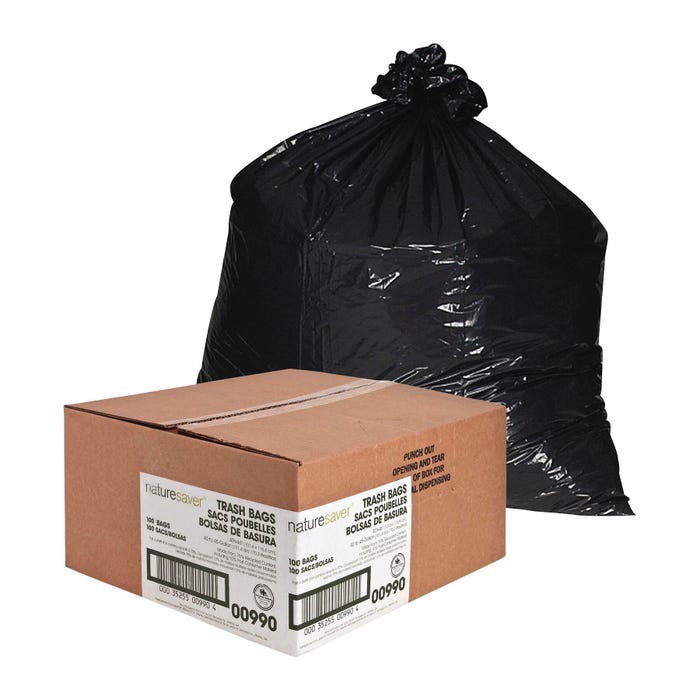 Nature Saver Low Density Recycled Can Liners, 45 Gallon, 1.25 mil, Black, 100 Count Box