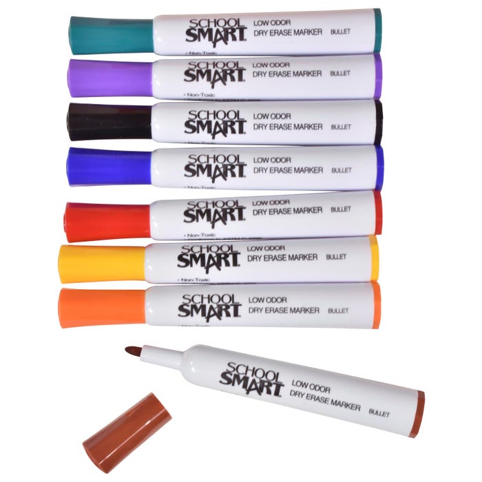 School Smart Dry Erase Markers, Bullet Tip, Low Odor, Assorted Colors, Pack of 8