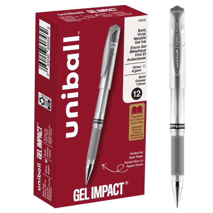 uniball Impact Gel Pen, 1.0 mm, Silver, Pack of 12