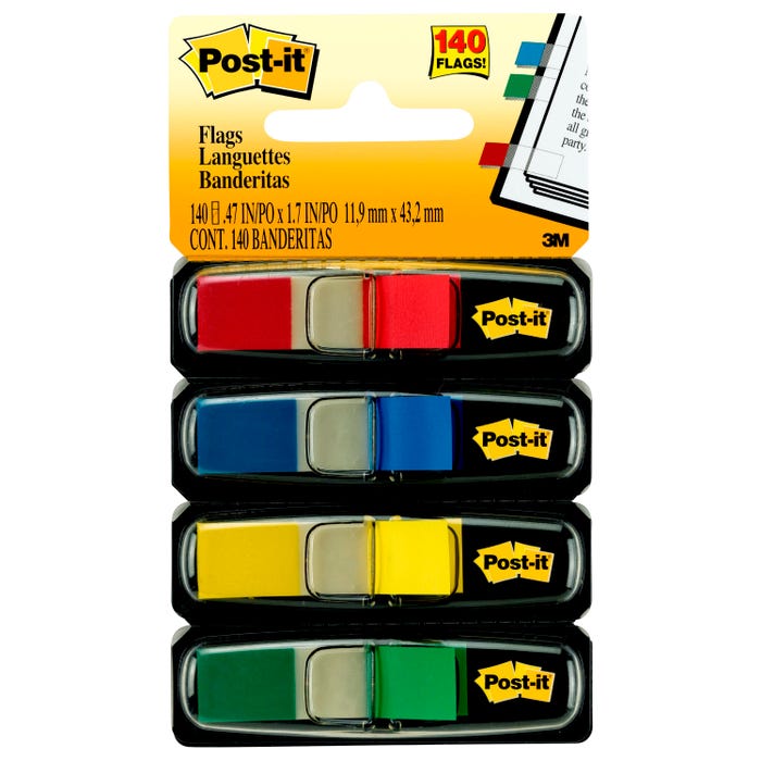 Post-it Flags, 1/2 x 1-7/10 Inches, Assorted Primary Colors, Pack of 140
