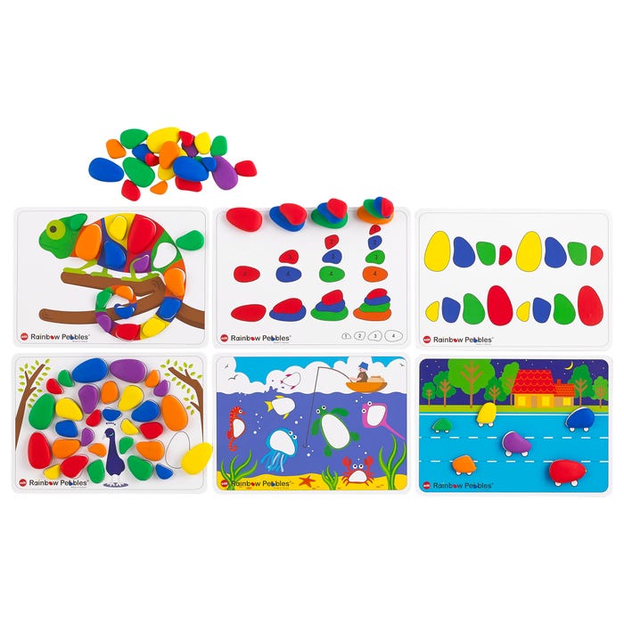 EDX Education Rainbow Sorting and Stacking Pebbles Activity Set, 48 Pieces with 12 Double-Sided Activity Cards