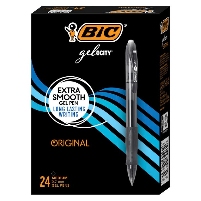 BIC Gel-ocity Retractable Gel Pens, 0.7mm, Medium Point, Black, Pack of 24