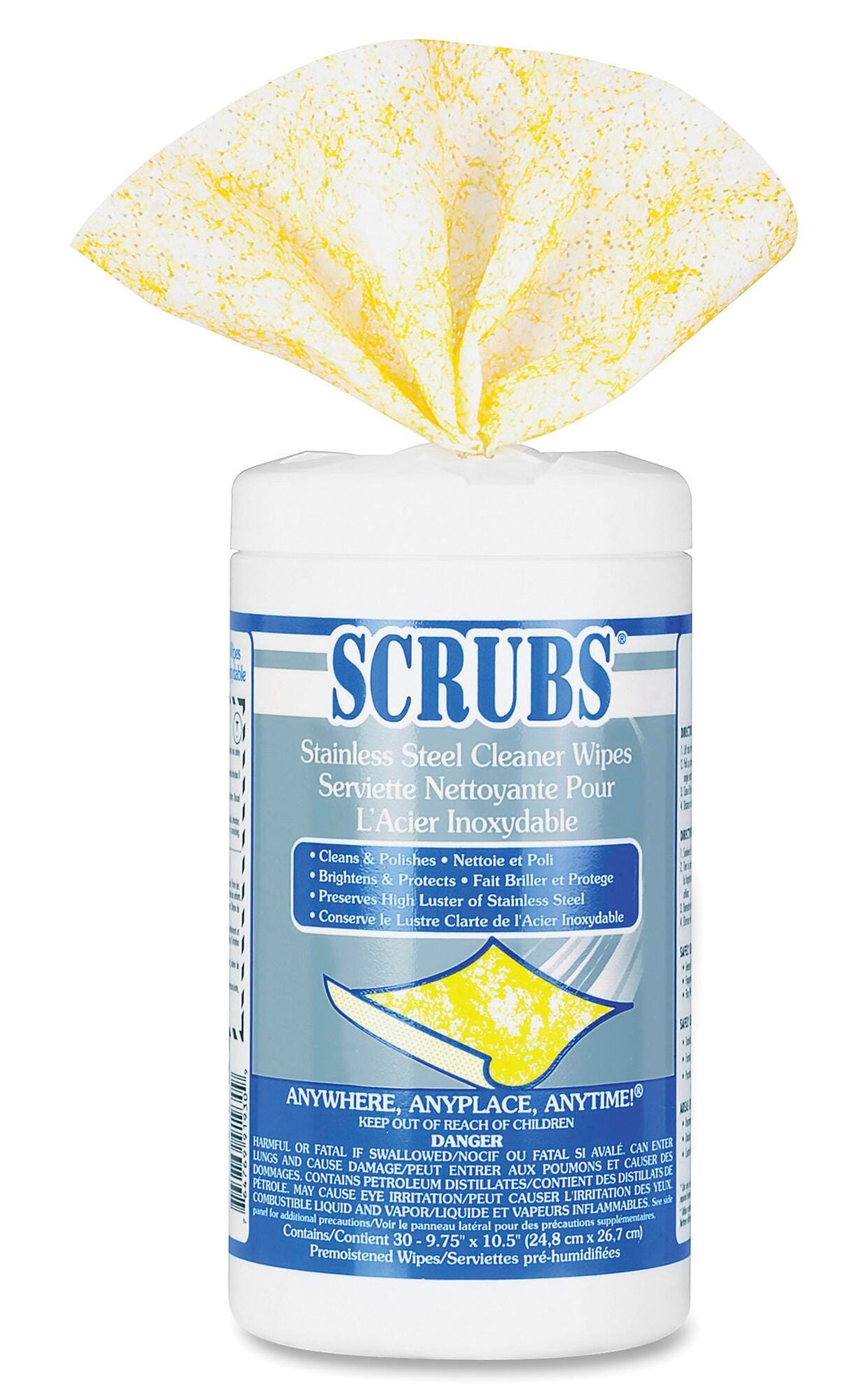 Image for ITW Scrubs Stainless Steel Cleaner Wipes, Lemon, 9-3/4 x 10-1/2 Inches, Gray/White, 30 Wipes from School Specialty