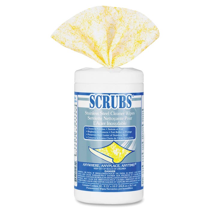 ITW Scrubs Stainless Steel Cleaner Wipes, Lemon, 9-3/4 x 10-1/2 Inches, Gray/White, 30 Wipes