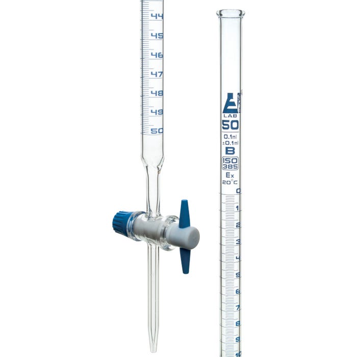 Eisco Glass Burette, with PTFE Stopcock, 50mL Capacity, 0.10mL Graduation Class B