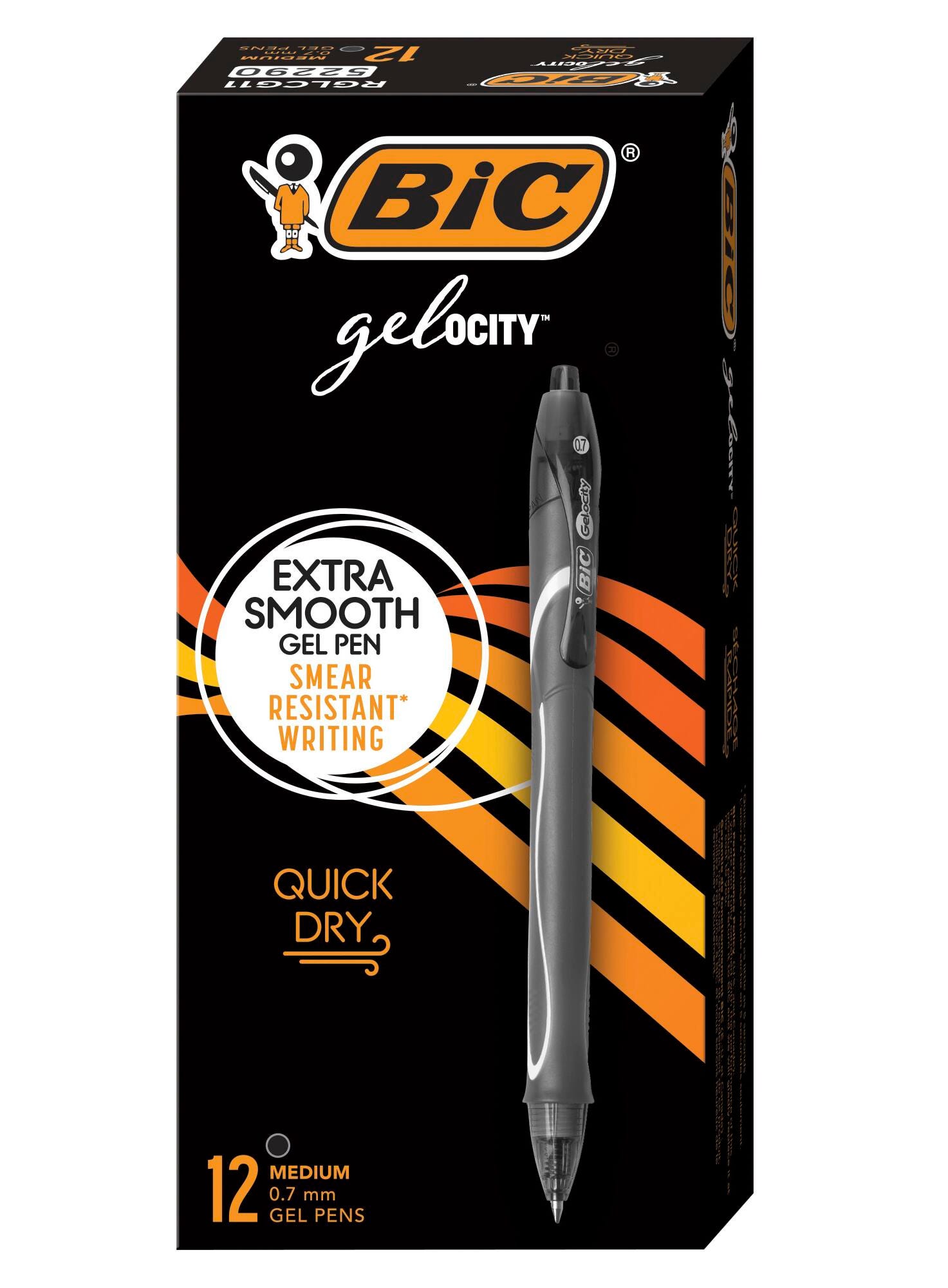BIC Gel-ocity Retractable Quick Dry Gel Pens, 0.7mm, Medium Point, Black, Pack of 12 1595235