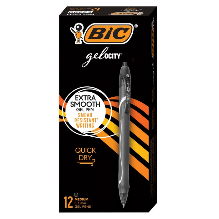 BIC Gel-ocity Retractable Quick Dry Gel Pens, 0.7mm, Medium Point, Black, Pack of 12