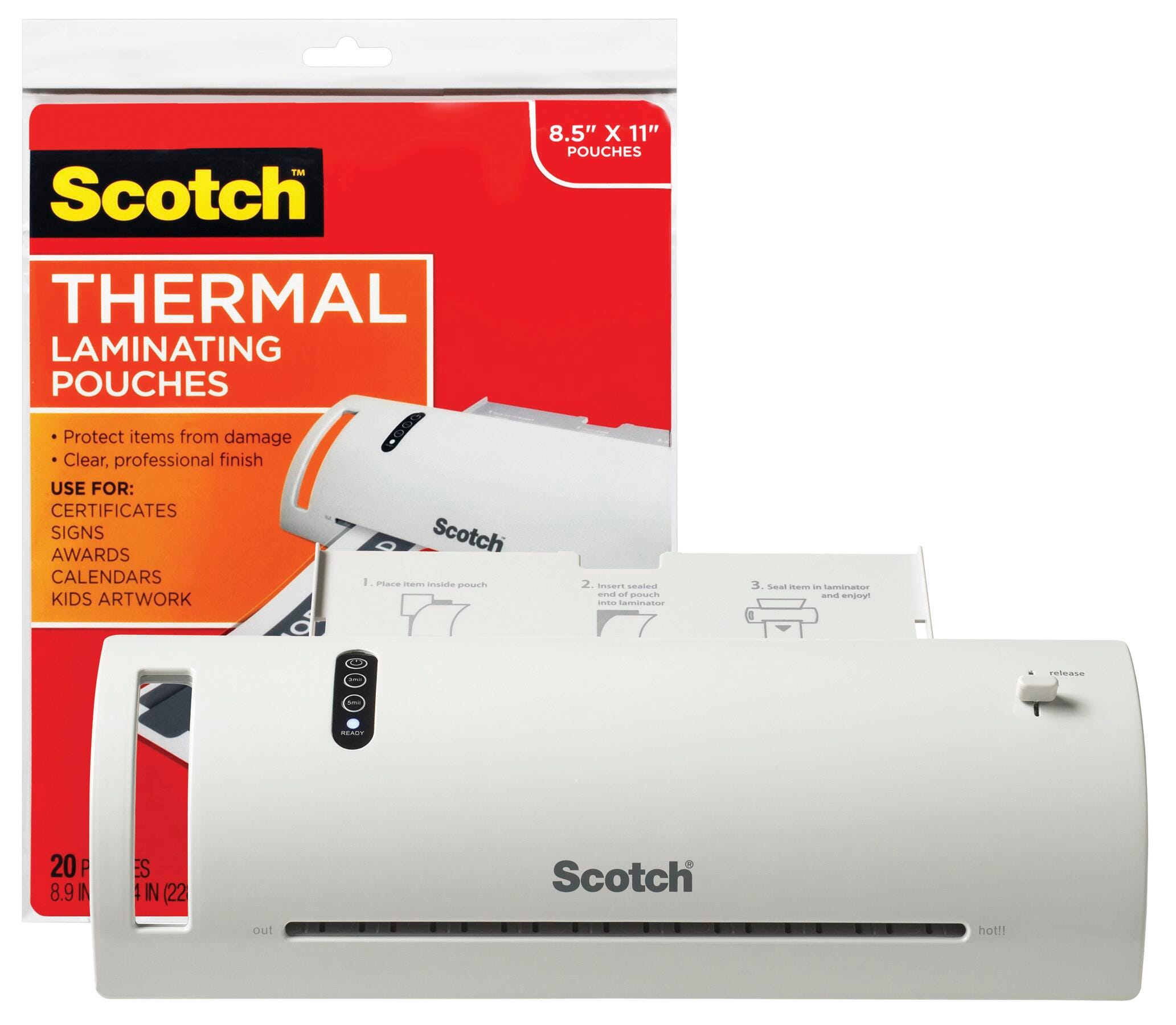 Scotch Thermal Laminator Value Pack with Laminator and 20 Letter Size Pouches, Item Number 1438679