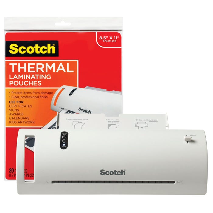Scotch Thermal 3 to 5 Mil Laminator Value Pack with Laminator and 20 Pouches, 8-1/2 x 11 Inches, 3 Mil Pouches