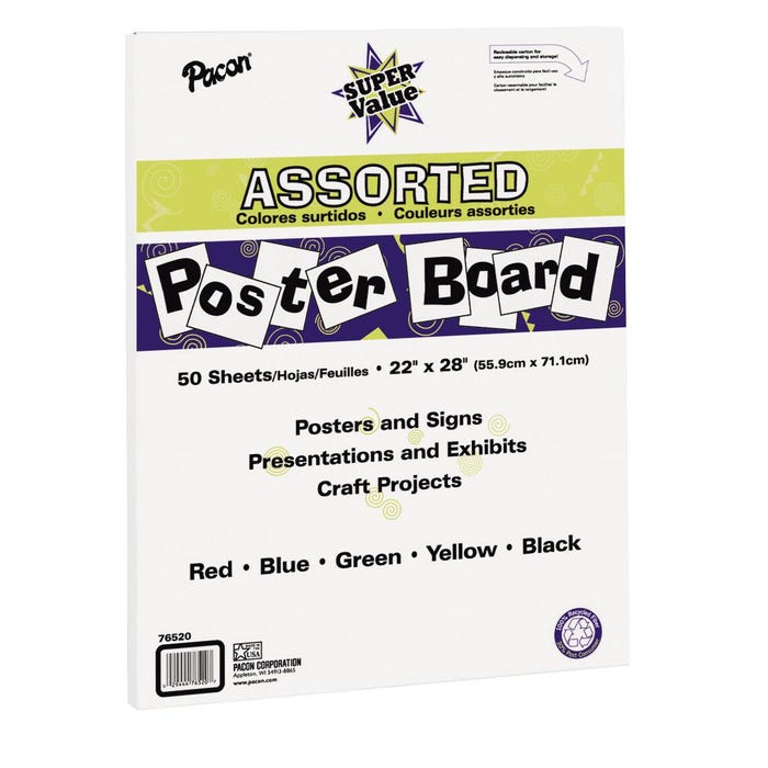 Pacon Super Value Poster Board, 22 x 28 Inches, Assorted Colors, Pack of 50