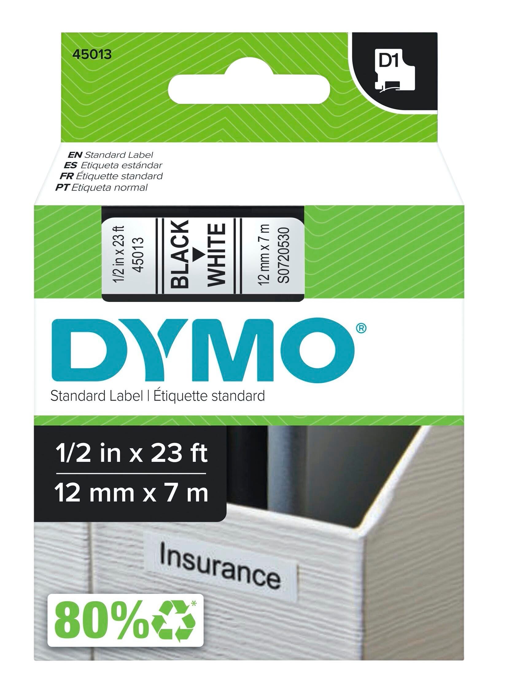 Image for Dymo LabelManager D1 Label Maker Cartridge, 1/2 Inch x 23 Feet, Black on White from School Specialty