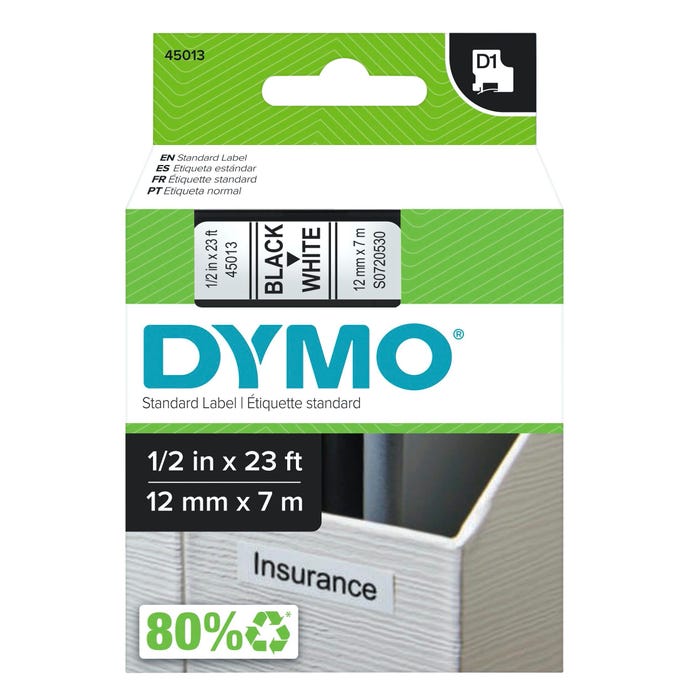 Dymo LabelManager D1 Label Maker Cartridge, 1/2 Inch x 23 Feet, Black on White