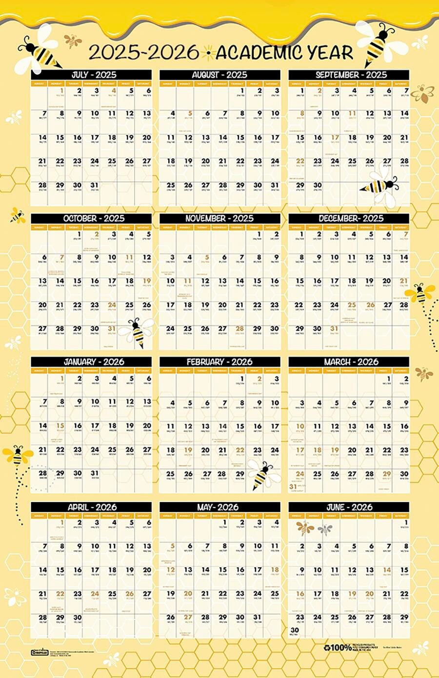 House of Doolittle, Recycled, Laminated Wipe Off Wall Academic Calendar, Honeycomb, July 2025-June 2026, 24 x 37 Inches 2150680