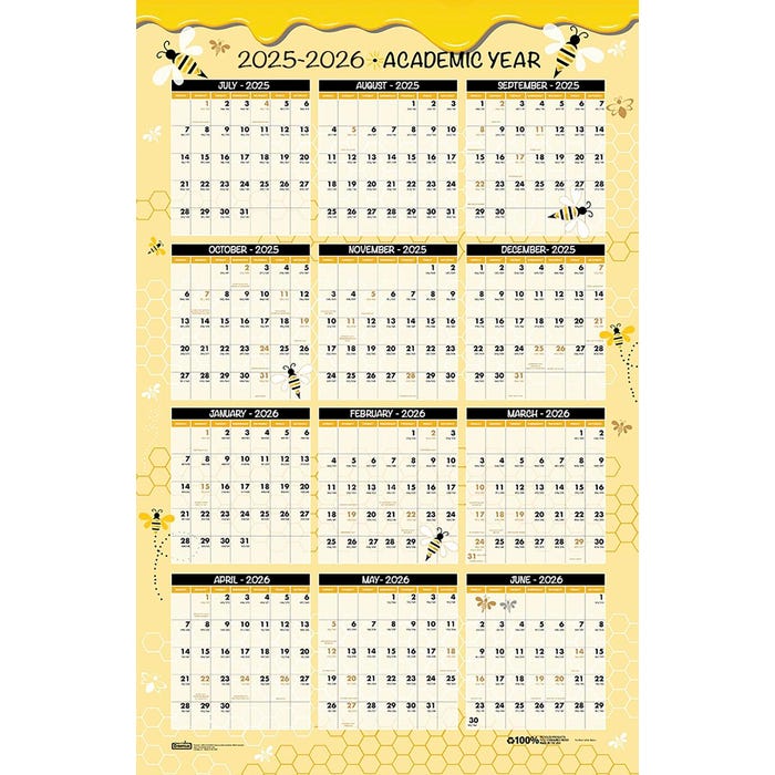 House of Doolittle Laminated Wipe-Off Academic Wall Calendar, July 2025-June 2026, 24 x 37 Inches, Honeycomb