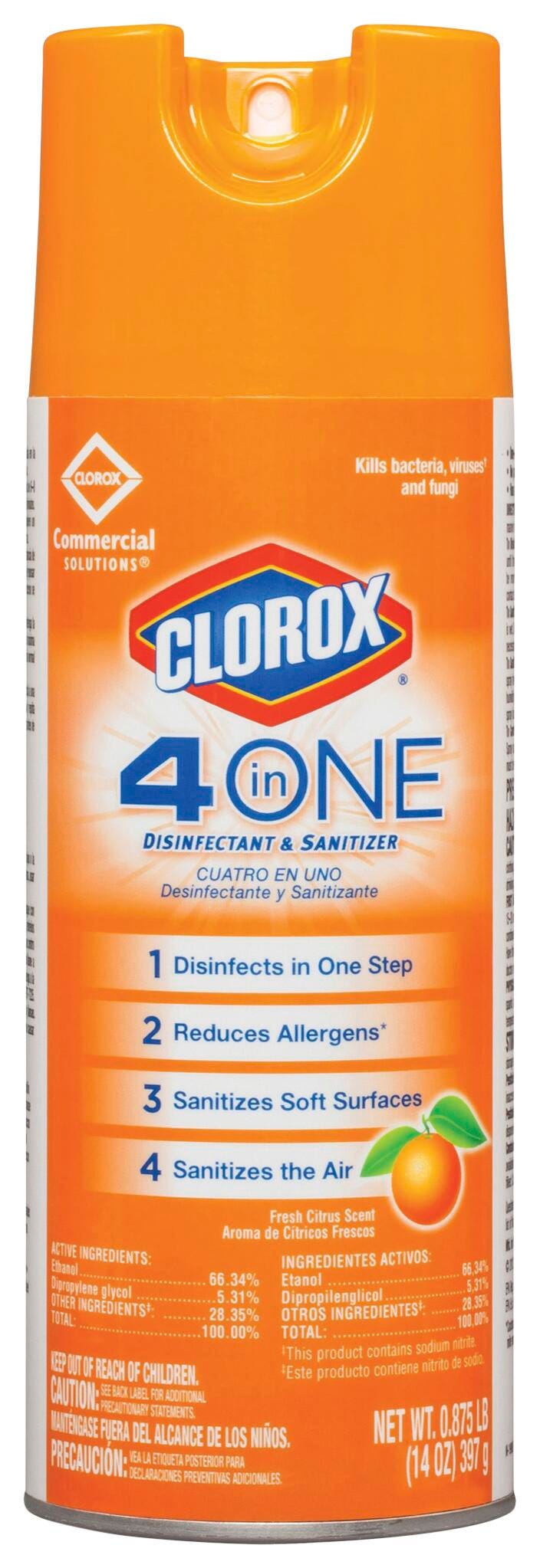 Clorox 4-In-1 Disinfectant and Sanitizer Spray, 14 Ounce Can, Fresh Citrus