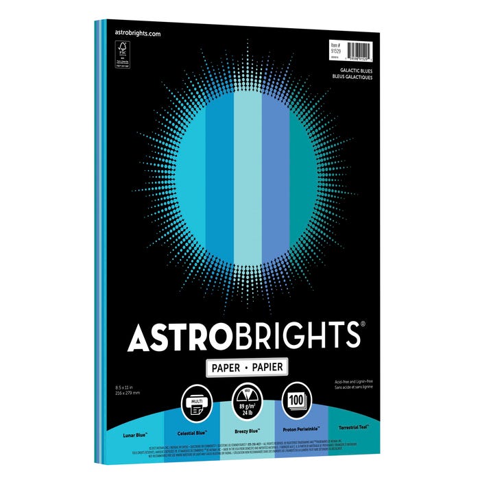 Astrobrights Colored Paper, 8-1/2 x 11 Inches, 24 Lbs., Galactic Blues Assortment, 100 Sheets