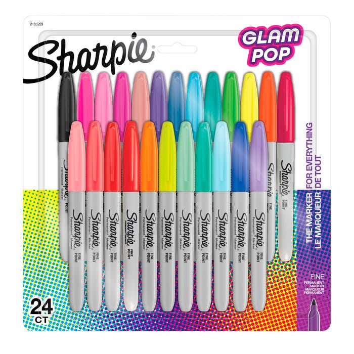 Sharpie Permanent Markers, Fine Point, Assorted Glam Pop Colors, Pack of 24