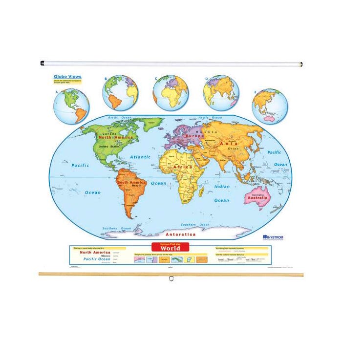 Nystrom Early Learning World Physical Wall Map on Roller with Backboard, 65 x 53 Inches