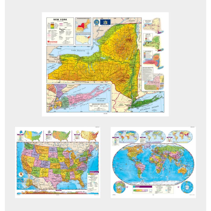 Social Studies NEW YORK/U.S./WORLD MAP COMBO, Markable, Erasable, Grades 4-12