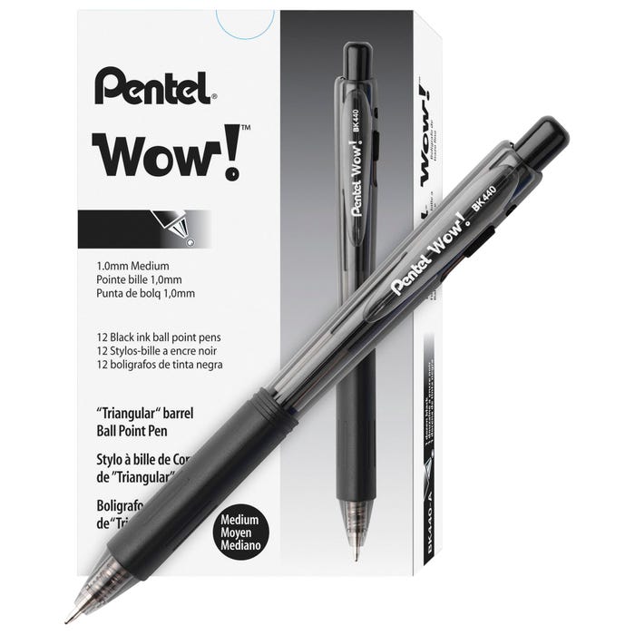 Pentel WOW! Ballpoint Pen, 1 mm Medium Tip, Black, Pack of 12