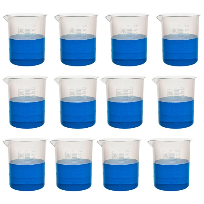 Eisco 1000mL Polypropylene Beaker, Molded Graduations, Pack of 12