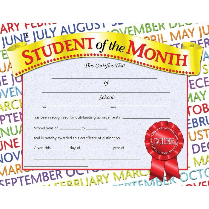 Hayes Student of the Month Certificate, 11 x 8-1/2 Inches, Paper, Pack of 30, Months and Red Ribbon Design