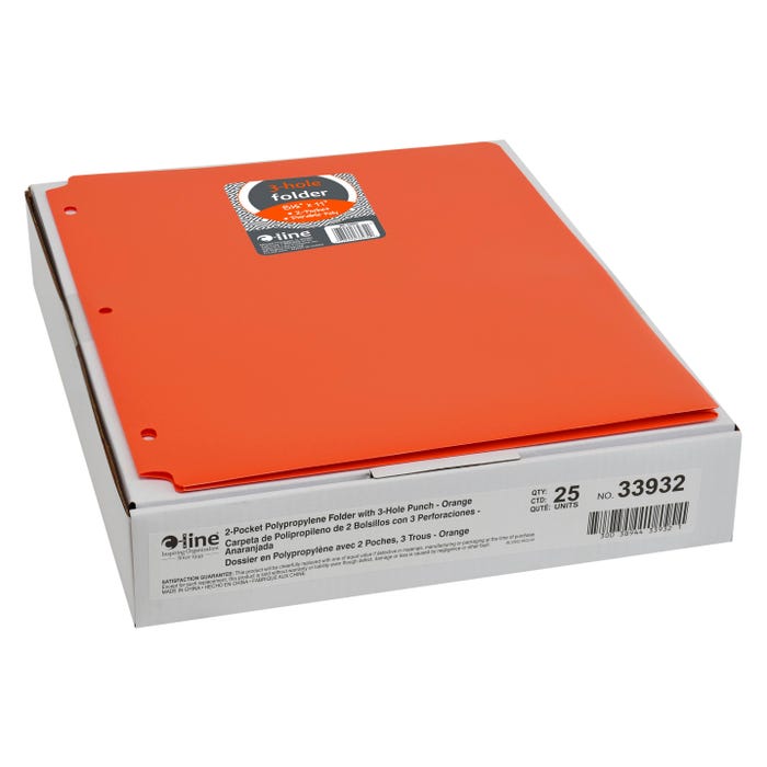 C-Line 2-Pocket Poly Folder, 3 Hole Punched, Orange, Pack of 25