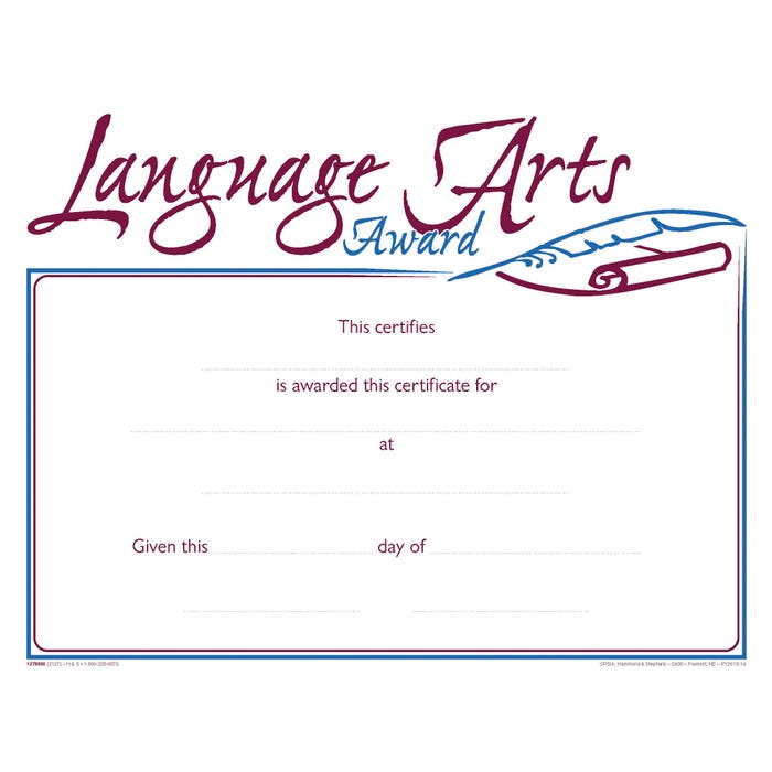 Achieve It! Raised Print Language Arts Recognition Award, 11 x 8-1/2 inches, Pack of 25