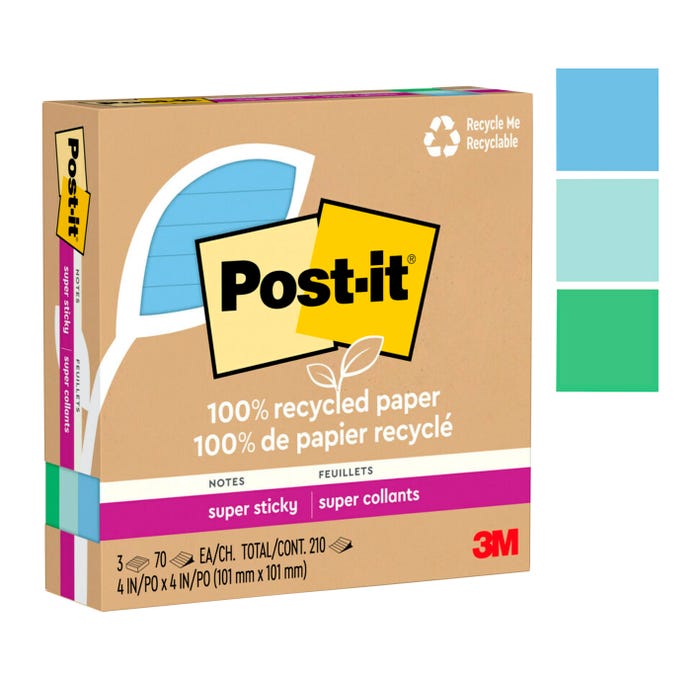 Post-it Recycled Paper Super Sticky Notes, Lined, 4 x 4 Inches, Oasis Collection Colors, 70 Sheets/Pad, Pack of 3