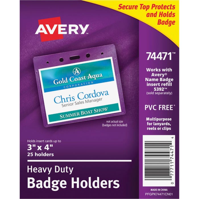 Avery Heavy Duty Horizontal Style Badge Holder, 3 X 4 in, Vinyl, Clear, Pack of 25