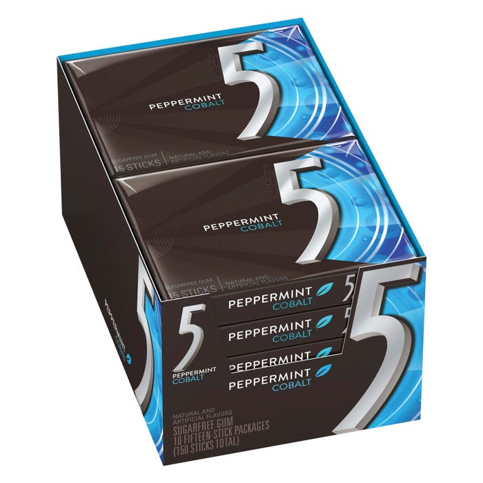 5 Gum Peppermint Cobalt Sugar-free Gum - Individually Wrapped, Pack of 10