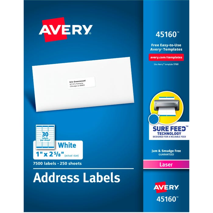 Avery Easy Sure Feed Address Labels, Laser, 1 x 2-5/8 Inches, Pack of 7500