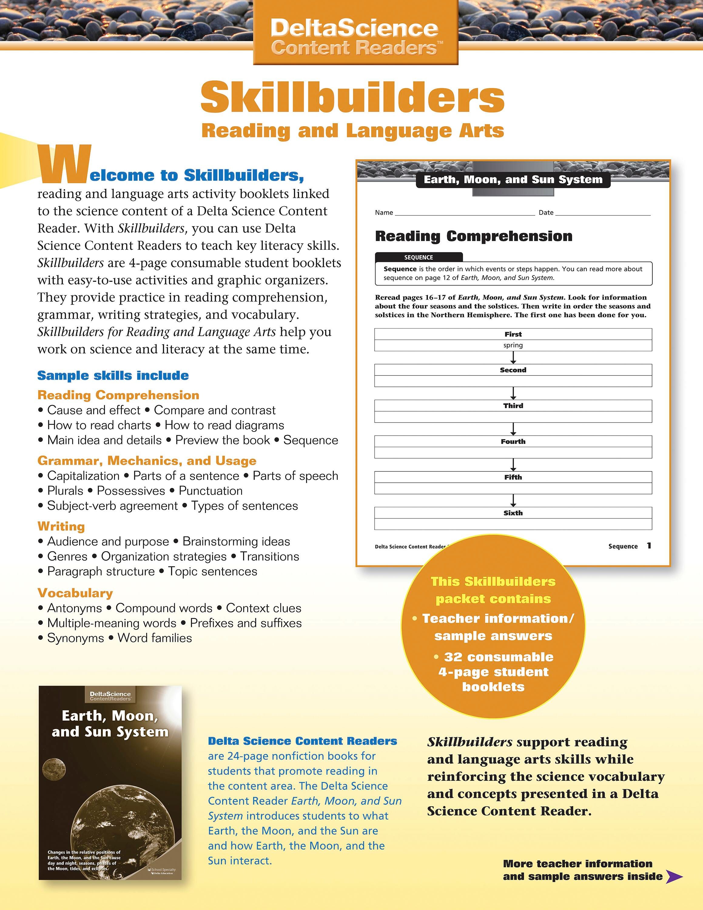 Delta Science Content Readers Earth, Moon and Sun Red and Purple Skillbuilders, Pack of 32, Item Number 1278180