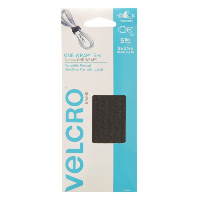 VELCRO Brand ONE-WRAP Ties with Tab, 8 x 1/2 Inches, Black, Pack of 5