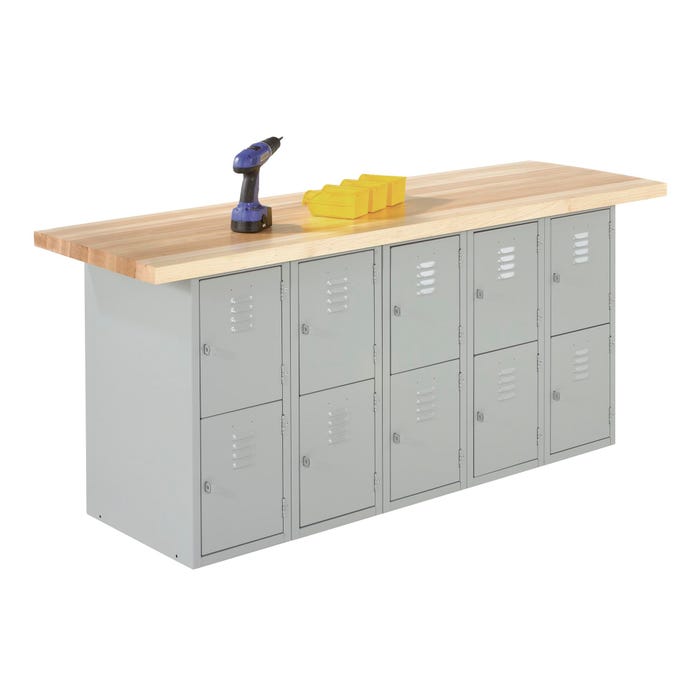 Diversified Spaces Wall and Island Bench with 10 Vertical Lockers, 144 x 24 x 32-3/4 Inches, Maple Top, Gray Base