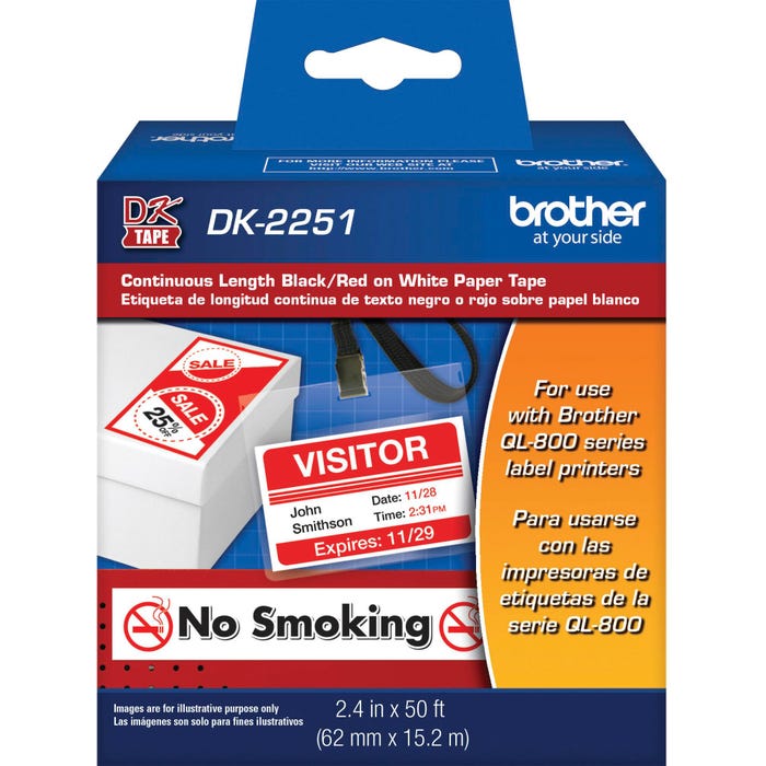 Brother DK-2251 Black/Red on White Continuous Length Paper Labels, 2.4 Inches x 50 Feet
